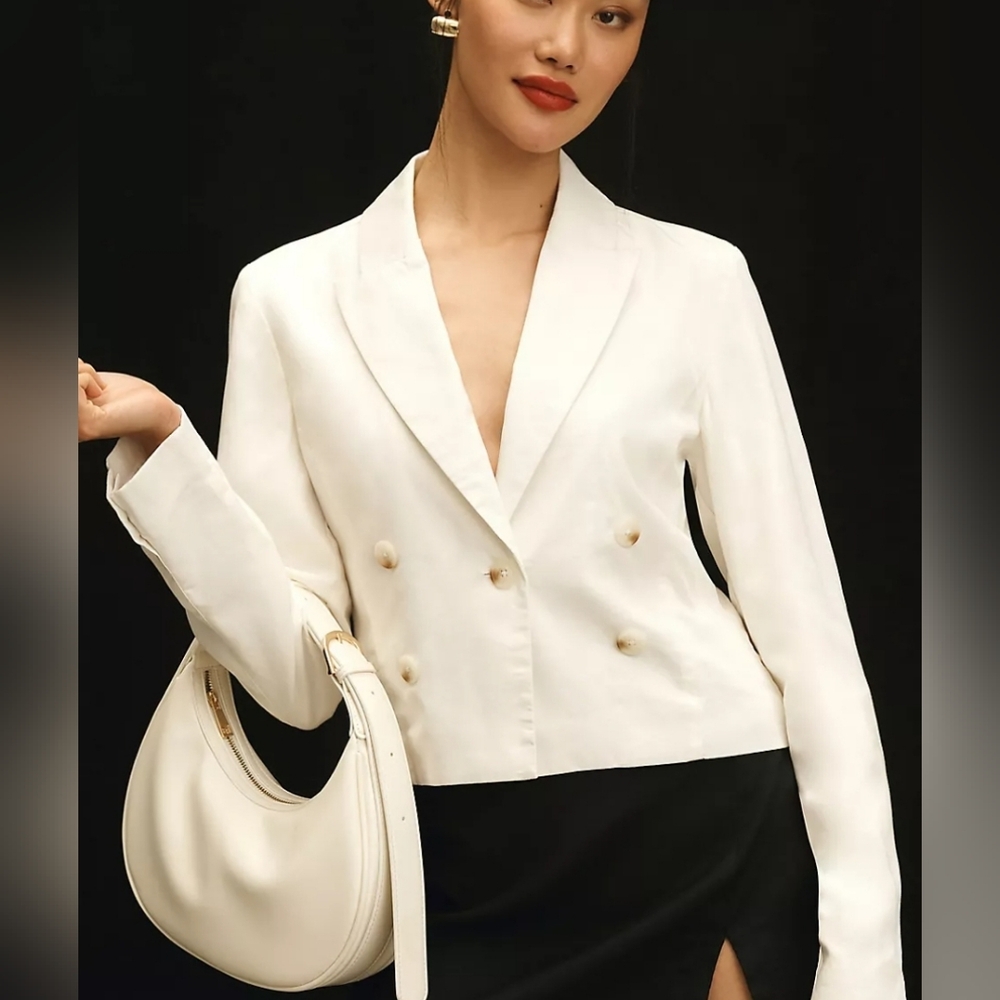 Anthropologie White Cropped Blazer Jacket Size XS Corporate Chic Professional